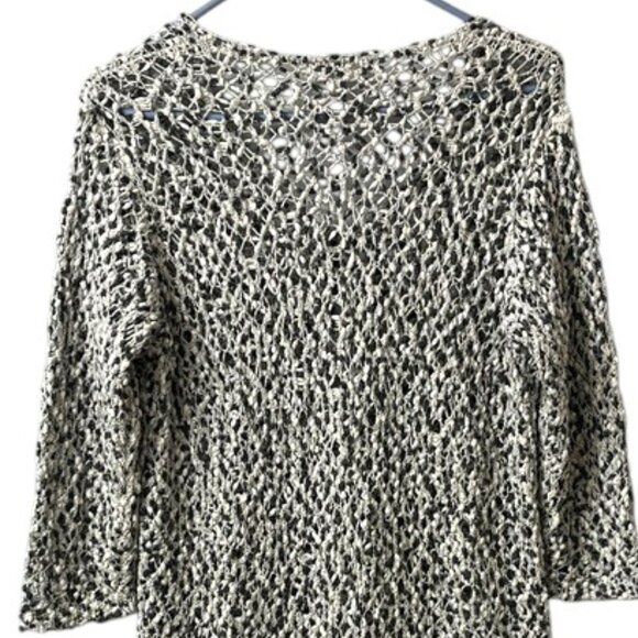 J. Jill Black White Loose Knit V-Neck 3/4 Sleeve Sweater 100% Cotton - Picture 6 of 10